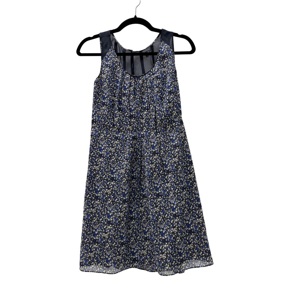 Broadway & Broome Blue Black Abstract Floral 100% Silk Pleated Back Dress 2